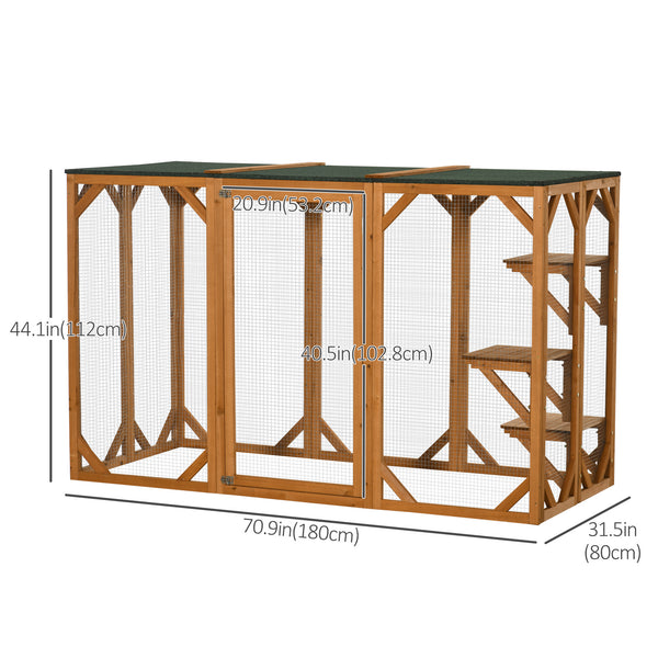 Outdoor cat enclosure with waterproof roof, multi-level platforms and lock