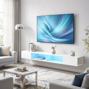 70" Wall-Mounted Floating TV Stand with RGB LED Lighting and 4 Compartments – Wood-Effect White