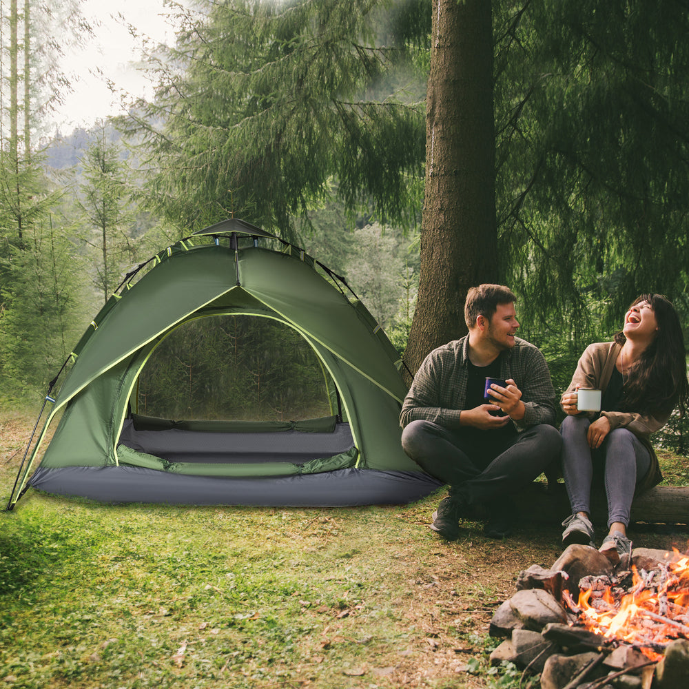 3-person family tent, 1000mm waterproof, with integrated groundsheet and carry bag, dark green
