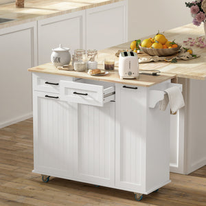 White mobile kitchen island with fold-down countertop, electrical outlets and storage