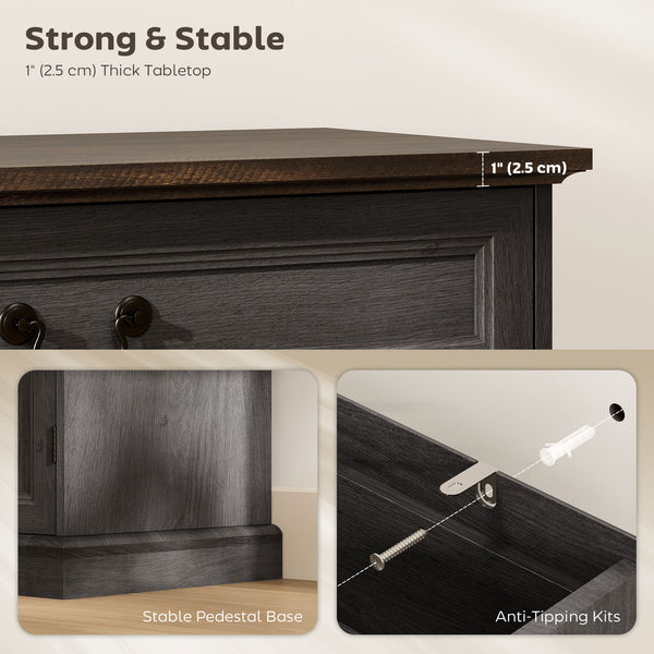 Farmhouse style buffet with charging station, 2 drawers and 2 adjustable shelves, gray wood finish