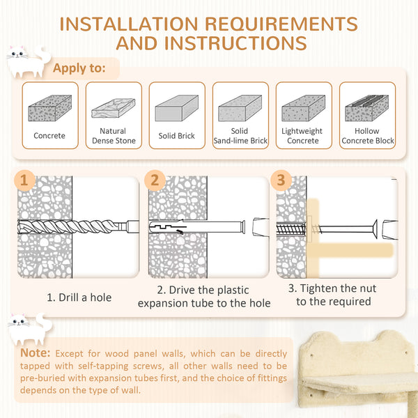 Wall-mounted cat shelf with scratching post and hammock, beige