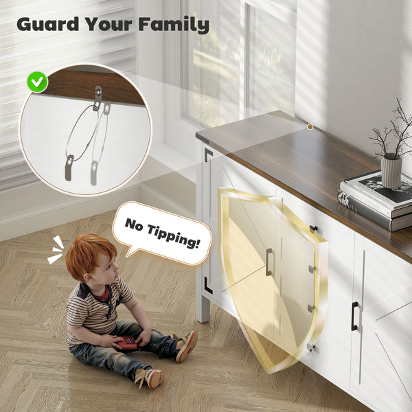 Country style sideboard with thick top, 2 barn doors, 4 drawers and 2 adjustable shelves, white