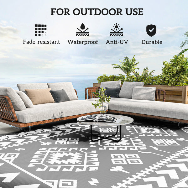 9' x 12' Outdoor RV Mat, Reversible Floor Mat with Carry Bag, Diamond Patchwork Pattern, Gray and White