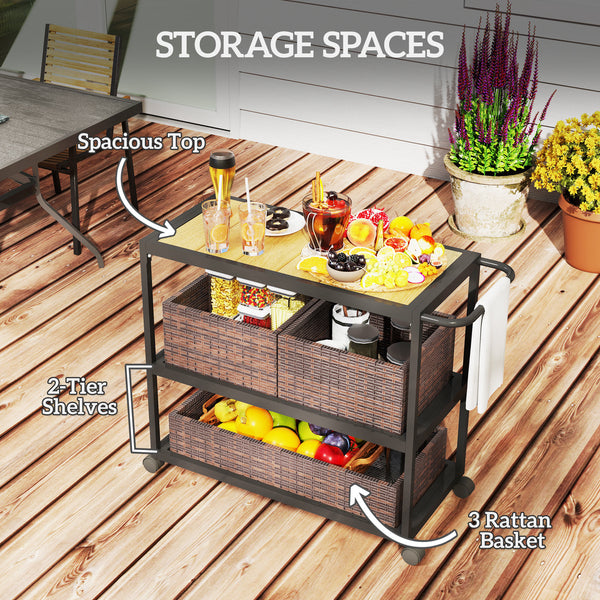 3-tier bar trolley with side handle and removable rattan basket