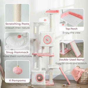 65-inch Cat Tree with 2 Doors, Plush Perch, Hammock, Sisal Scratching Posts, White