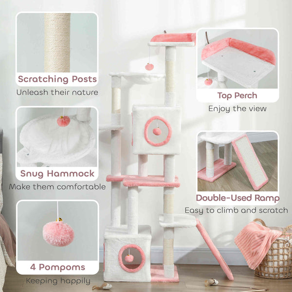 65-inch Cat Tree with 2 Doors, Plush Perch, Hammock, Sisal Scratching Posts, White