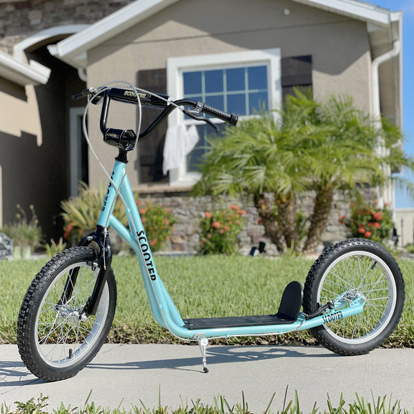 Scooter with 16-inch inflatable wheels and double brakes, pale blue
