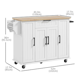 Modern Rolling Kitchen Island with Drawers, Natural Wood Top, Towel Rack and Storage Cabinet, White