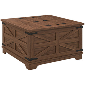 Square farmhouse style coffee table with hinged lids and hidden storage compartment, brown