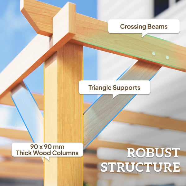 10' x 13' wooden pergola, triangular supports, concrete anchors, natural wood
