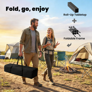 Folding camping table with storage net, carry bag and metal frame, black