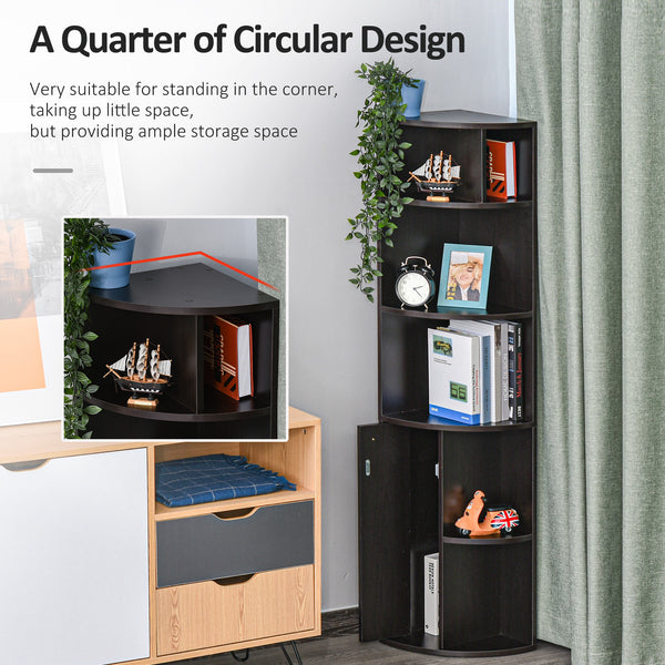 5-Tier Corner Bookcase with Open Compartments and Cabinet, Black