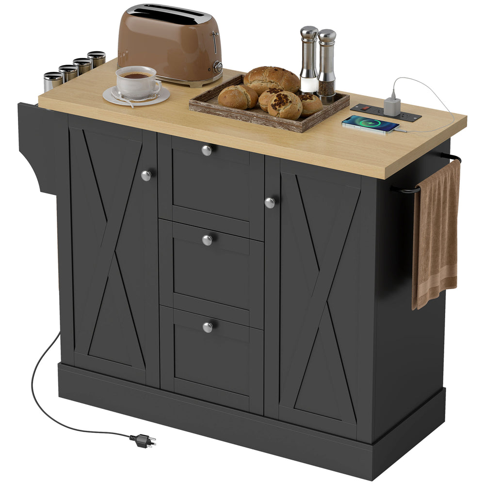 Farmhouse style kitchen island with electrical outlet, soft-close doors, and 3 drawers, black