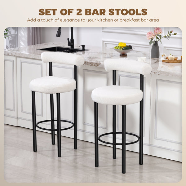 Set of 2 sherpa-padded bar stools with backrest and footrest for kitchen island