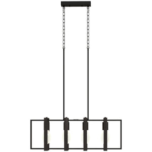 Farmhouse style linear pendant light with 4 rotating shades and adjustable height, black