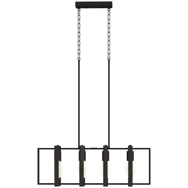 Farmhouse style linear pendant light with 4 rotating shades and adjustable height, black