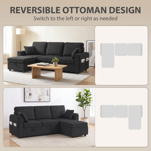 Reversible Sectional Sleeper Sofa with Storage, Black