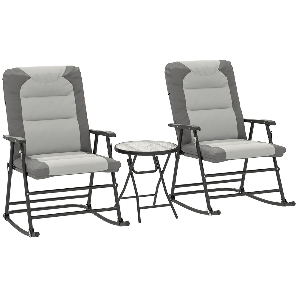 Ensemble 3 pièces de chaises à bascule pliables d'extérieur en gris clair, idéal pour jardin, patio ou balcon