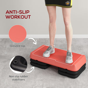 Adjustable Aerobic Stepper, 3 Levels with Risers 4", 6", 8", Red