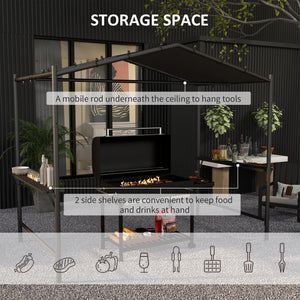 Barbecue shelter with steel frame and serving shelves, dark grey