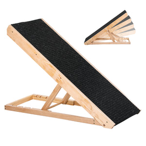 Foldable dog ramp, height adjustable with non-slip coating.