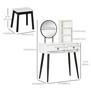 Dressing table with stool, drawers and shelf, white and black