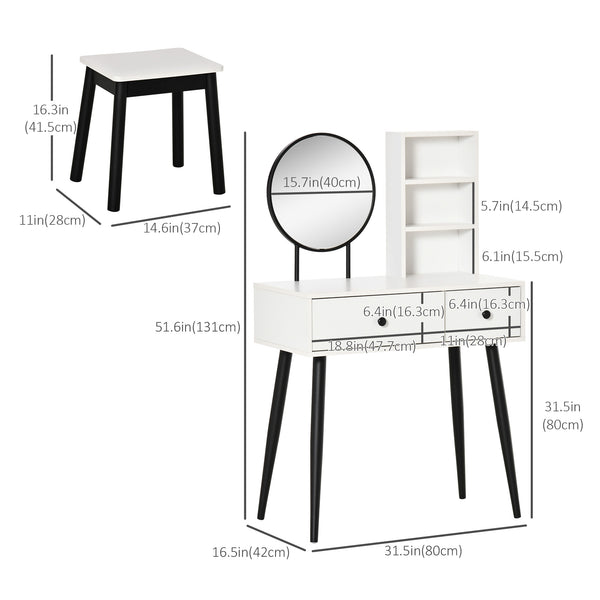 Dressing table with stool, drawers and shelf, white and black
