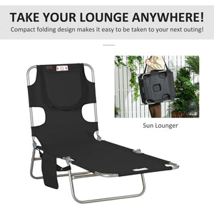 Folding Outdoor Lounge Chair, 5-Level Tanning Chair with Face Hole, Side Pocket, Carry Strap for Beach Pool, Black