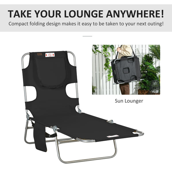 Folding Outdoor Lounge Chair, 5-Level Tanning Chair with Face Hole, Side Pocket, Carry Strap for Beach Pool, Black