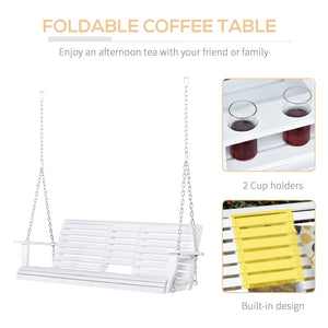 2 to 3 Seater Porch Swing Wood Patio Swing Chair Swing Bench with Foldable Table, Cup Holders, Steel Chains, White