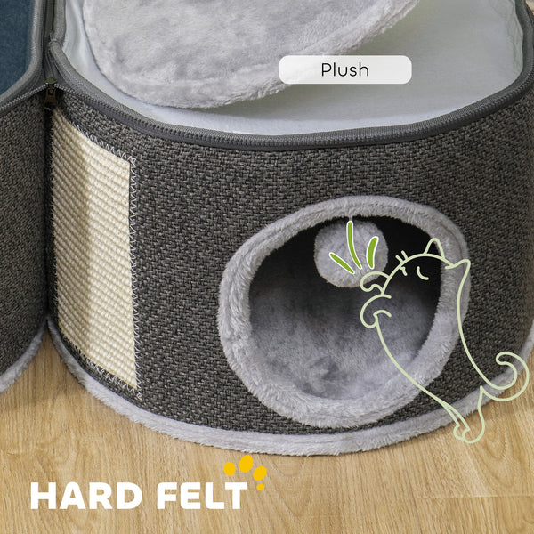 Two-story cat tree with perch, two hiding places, scratching post, cushions, play balls, dark gray