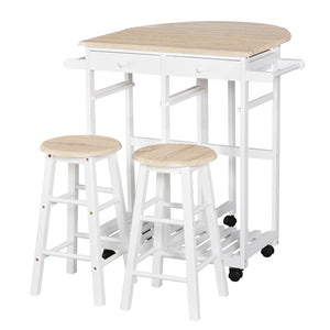 3-piece kitchen trolley including a drop-leaf breakfast table and 2 stools, in wood and white.