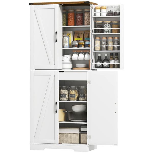 72-inch kitchen cabinet, country style, with 4 doors, one drawer, 8 shelves and one adjustable shelf, white.