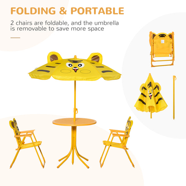 Kids Folding Picnic Table and Chair Set Pattern Outdoor Garden Patio Backyard with Removable & Height Adjustable Sun Umbrella Yellow