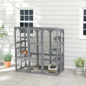 Cat enclosure with 6 jumping platforms and weatherproof roof, grey