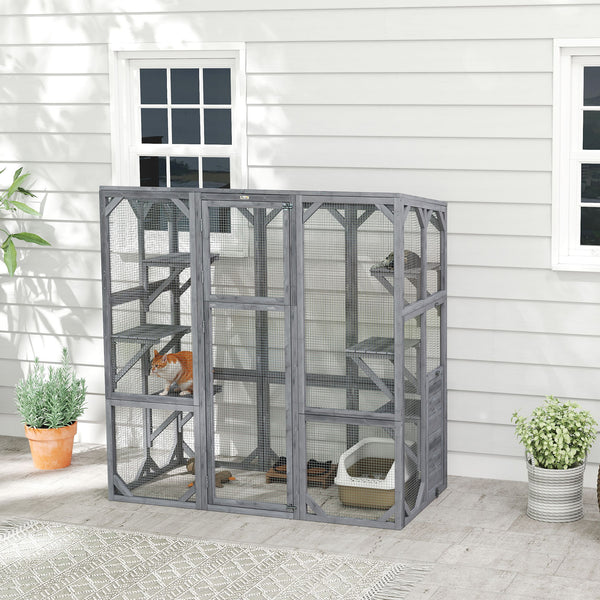 Cat enclosure with 6 jumping platforms and weatherproof roof, grey