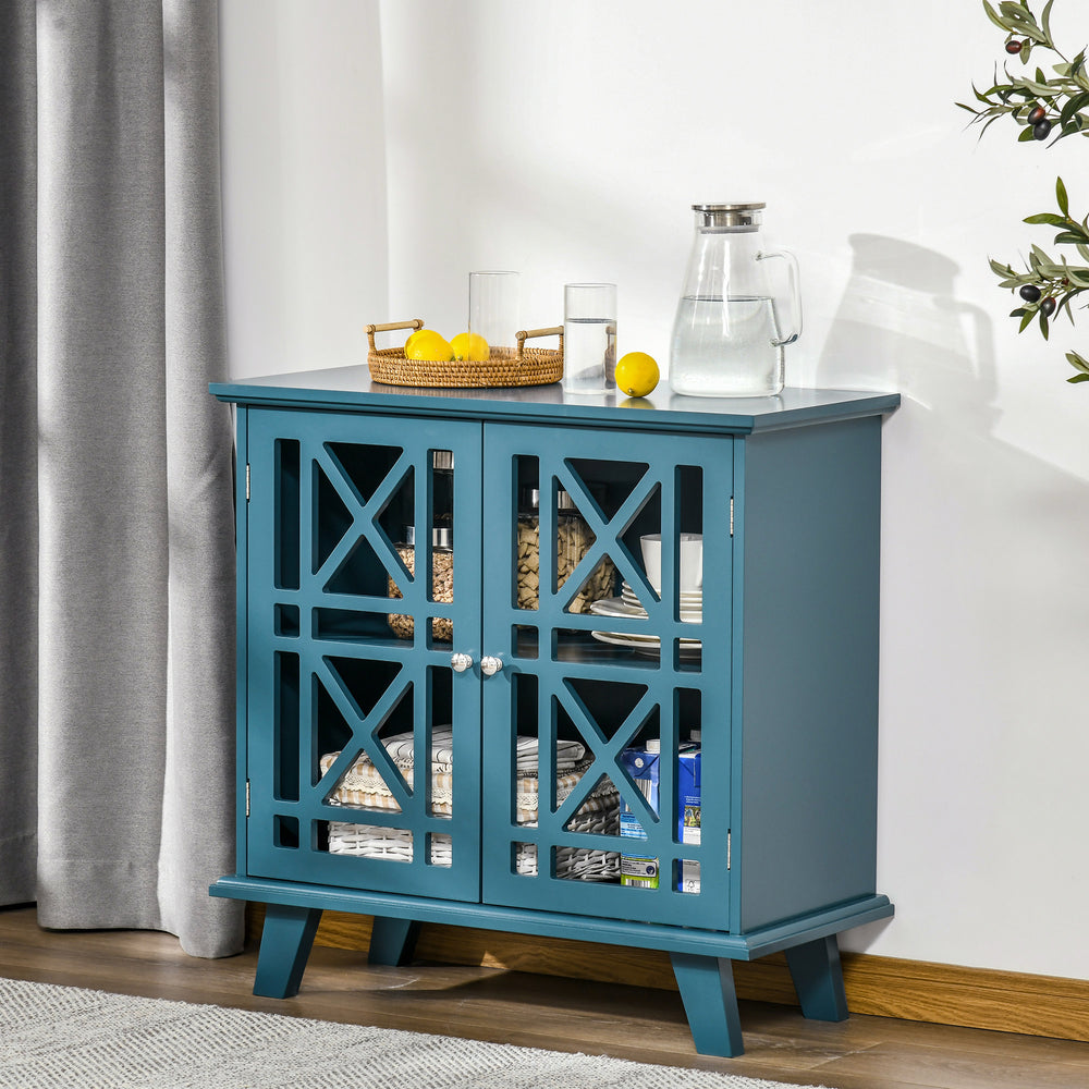 Buffet with openwork doors and shelf, modern freestanding storage unit, blue