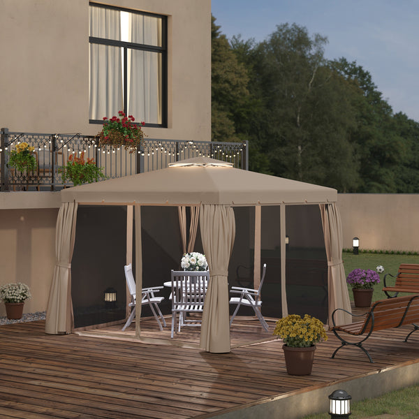 10 x 10 gazebo with pretty curtains and mesh blinds, beige
