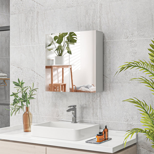 Wall-mounted medicine cabinet with mirrored doors, adjustable shelves, and soft-close mechanism, glossy white