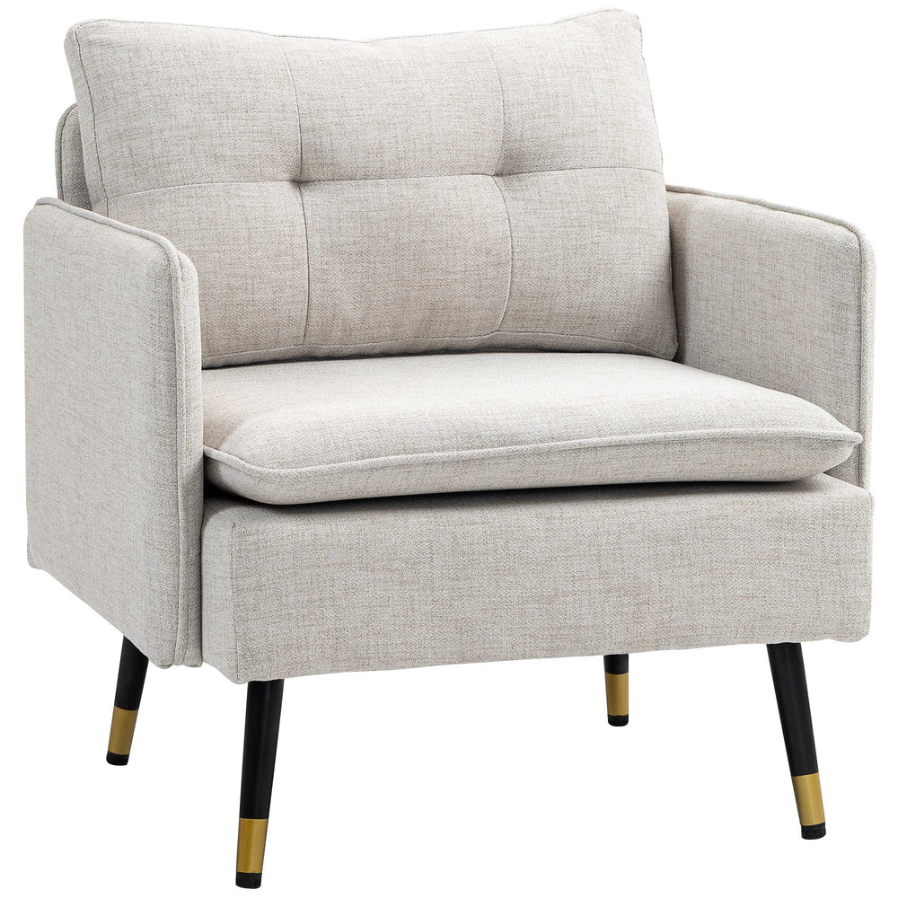 Modern upholstered accent chair with tufted back and steel legs, cream white