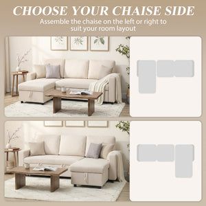 Convertible sectional sofa bed with reversible chaise and storage, cream