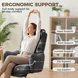 155° Reclining ergonomic office chair with footrest and padded seat, gray