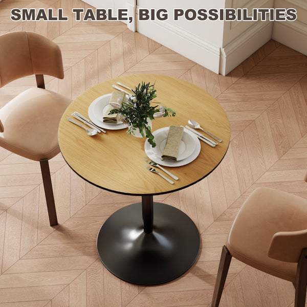 Round kitchen table for 2 people with wood veneer and steel base, natural color.