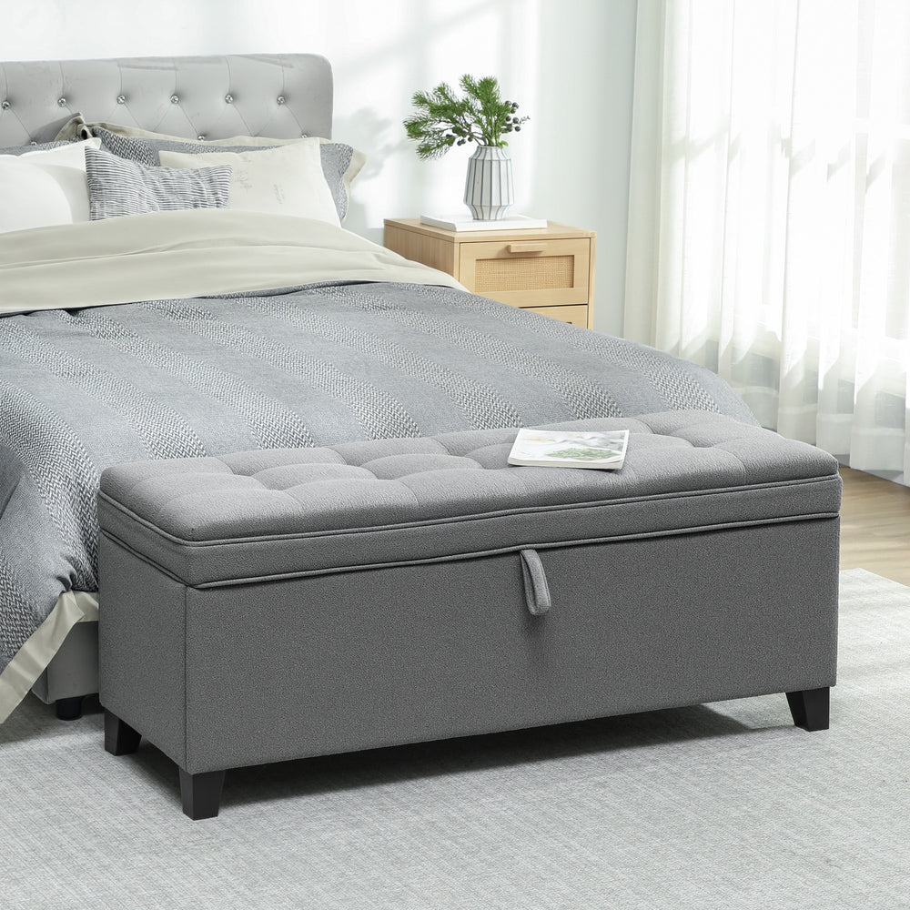 Storage Ottoman Bench with Safety Hinges, Linen, Dark Grey