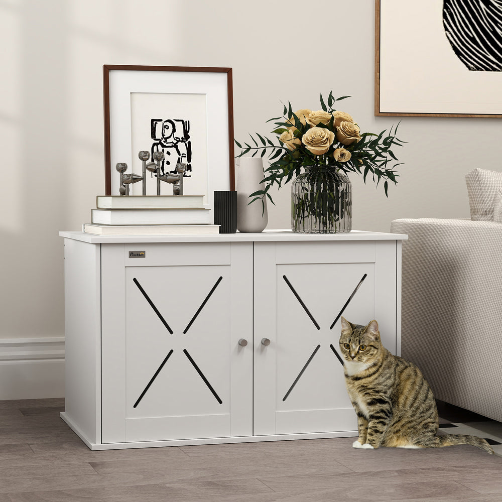 Concealed litter box cabinet with double doors, white