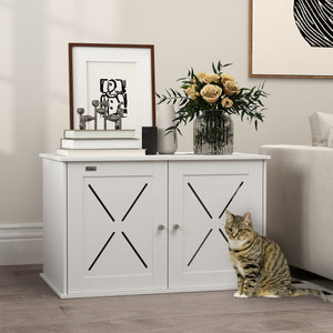 Concealed litter box cabinet with double doors, white