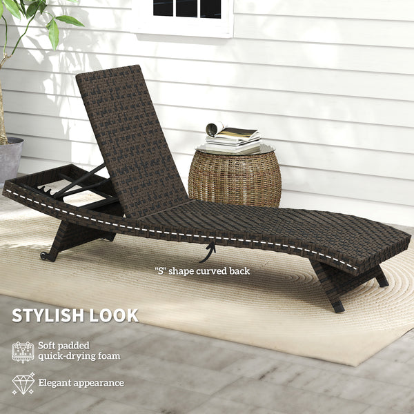Outdoor Folding Rattan Reclining Lounge Chair with 5-Level Adjustable Backrest and Casters, Mixed Brown