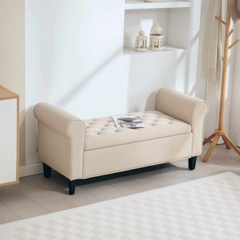 Ottoman storage bench, button-tufted seat and rolled arms – Beige