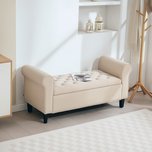 Ottoman storage bench, button-tufted seat and rolled arms – Beige